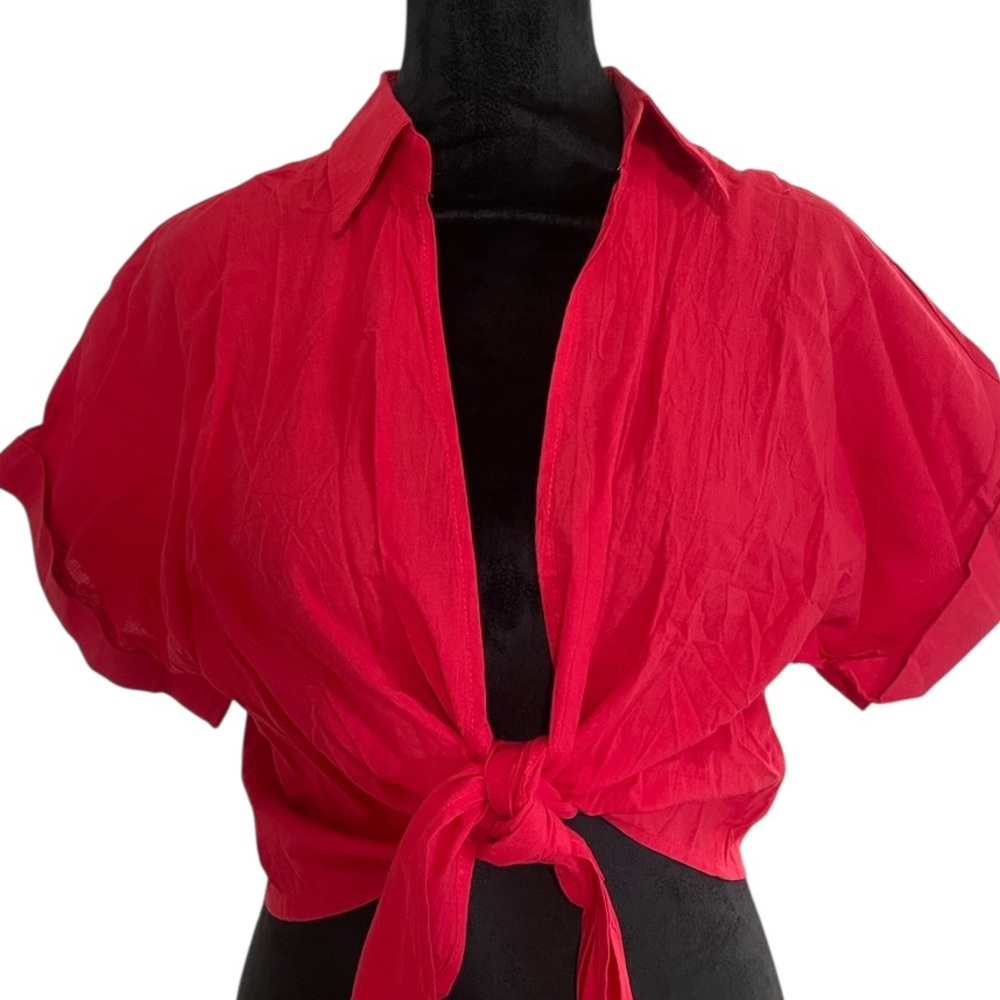 Red Tie-Front Blouse, Short Sleeve Deep V Neck,red ,Large,NWT - Picture 2 of 4